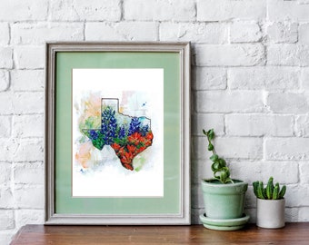 Texas wildflowers- Art PRINT original watercolor illustration artwork state love home blue bonnets Bluebonnet Indian paintbrush wall decor