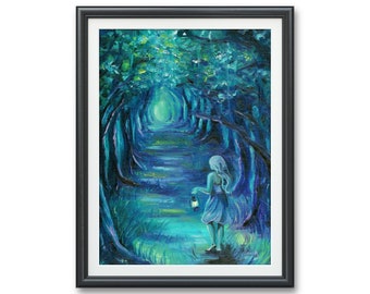 Self Discovery - Art PRINT, Original Oil on Canvas Painting, lantern, woodland path, Exploring Children room wall art fantasy illustration
