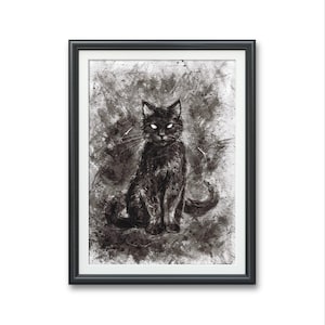 May include: A black and white framed print of a black cat with white eyes sitting on a textured background.