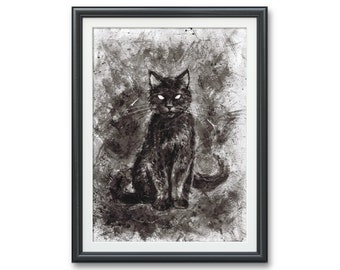 Black cat- Salem Art PRINT Original Watercolor Illustration Artwork Witch familiar dark fantasy