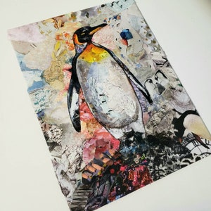 King Penguin Original Collage mixed media Antarctica wildlife Illustration emperor animal wall art colorful gift decor penguin painting