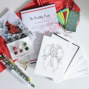 Yultide-aquarel Kunstinspiratie abonnementsdoos adventskalender 22 kunstlessen, warming-ups, thuisonderwijs December Kerstmis