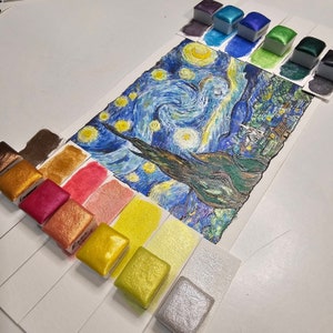 Noite estrelada artesanal aquarela aquarela iridescente mudança vibrante metade, quarto pan arco-íris paleta caso amarelo azul conjunto