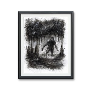 Sasquatch, bigfoot yeti- Original art PRINT, Watercolor Illustration Artwork black and white dark gothic fantasy cryptozoology Patterson