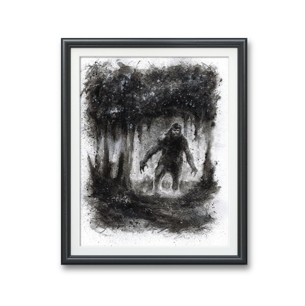 Sasquatch, bigfoot yeti- Original art PRINT, Watercolor Illustration Artwork black and white dark gothic fantasy cryptozoology Patterson