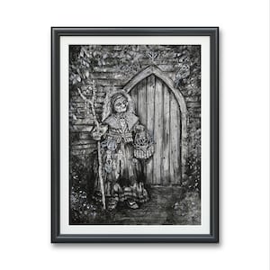 Baba Yaga- Original art PRINT, Watercolor Illustration Artwork black & white trapped souls voodoo dolls dark gothic fantasy horror