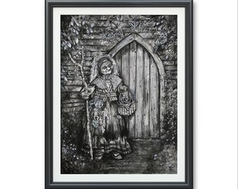 Baba Yaga- Arte original IMPRESIÓN, Ilustración de acuarela Obra de arte en blanco y negro almas atrapadas muñecas vudú horror de fantasía gótica oscura