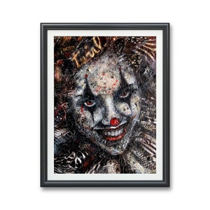 May include: A close-up of a creepy clown face with red and black makeup. The clown's face is surrounded by a dark, textured background with a spiderweb pattern.