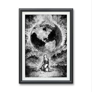 Könnte beinhalten: Eine Schwarzweißzeichnung einer Frau, die mit Ketten kniet und einen Globus über ihrem Kopf hält.