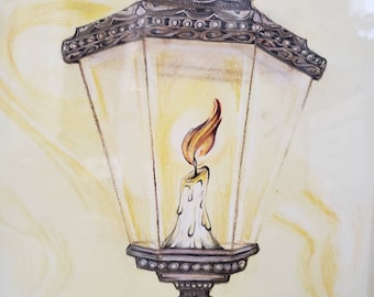 Clearance! Lantern- Light in the Darkness, Original Chalk pastel and colored pencil Illustration Christian artwork Psalm 119:105 clearance