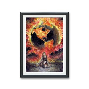 Courage Prisoner, Earth on fire Ilustración de acuarela original, determinación de dibujo, arte motivacional arte de empoderamiento de la mujer
