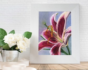 Star Gazer Lilie Stillleben - Art Print Original Ölgemälde Badezimmer Flur Kunstwerk einzelne Blume Wanddekor florales Jubiläum Geschenk Kunst