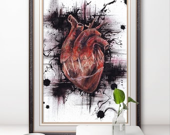 パルス - 解剖学的人間の心臓、アートプリント、オリジナル水彩