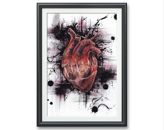 凪 イラスト「心臓」ジークレー画 絵画 サイン入り パルス - 解剖学的人間の心臓、アートプリント、オリジナル水彩