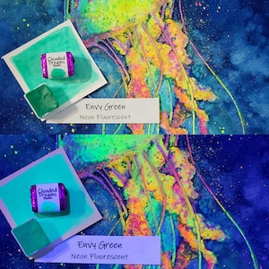 Envy Green- Neon Pastel Fluorescente Artesanal Aquarela Aquarela Ultravioleta reativa UV Vibrante Metade, Quarto, pan hunter jade