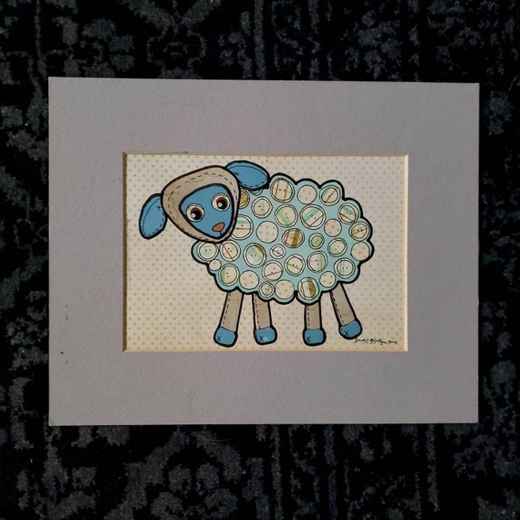 Clearance Nursery Art Buttons Sheep Lamb Original Cut Paper Illustration Scrapbook  Paper Assemblage 