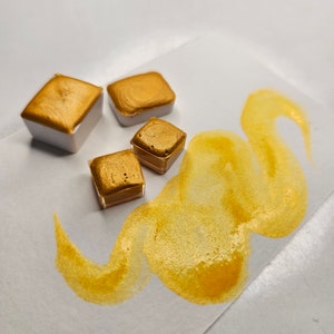Ouro amarelo-artesanal feito à mão aquarela mica brilho brilhante, aquarela iridescente vibrante metade, quarto, pan art hora dourada
