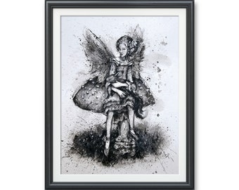 Mischievous Pixie Tuatha de Danaan- Original art PRINT, Watercolor Illustration Artwork black & white dark gothic fantasy horror fairyland