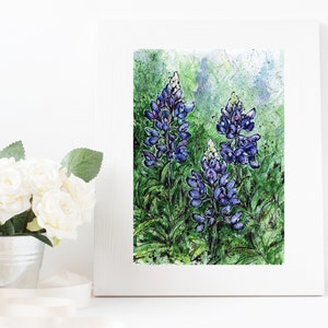 Texas Bluebonnet- DRUK ARTYSTYCZNY, ilustracja akwarelowa, Texas wildflowers field blue bonnet wall decor wiejski krajobraz rysunek