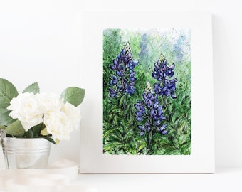Texas Bluebonnet- Art PRINT, illustration à l’aquarelle, champ de fleurs sauvages du Texas, bonnet bleu, décoration murale, dessin de paysage de campagne