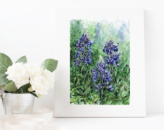 Texas Bluebonnet- Art PRINT, watercolor illustration artwork, Texas wildflowers field blue bonnet wall decor countryside landscape drawing