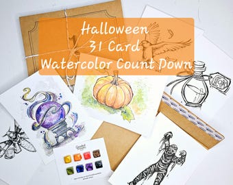 Halloween Count down Advent Calendar 31 Envelopes Watercolor Set painting sheets Surprise Shimmer Handmade Watercolour Mini Painting a day