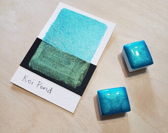 Koi pond aqua blue- Handmade Artisan Watercolor Aquamarine mica shimmer glitter, iridescent Watercolour Vibrant Half, Quarter, pan art dot
