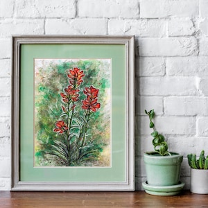 Indian paintbrush on green- Art PRINT of an original watercolor illustration artwork, texas wildflowers, castilleja indivisa, native flowers
