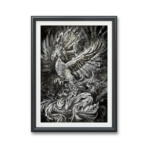 Phoenix- Art PRINT, Original Watercolor Artwork, Bird in Flight fire bird dark fantasy New beginnings rebirth