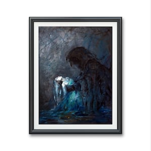 Unlikely Savior- Art PRINT, Hades Persephone Original oil painting artwork, love Romance Greek mythology art Love story Goddess blue faint