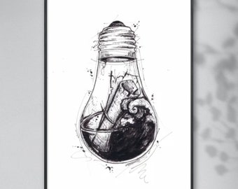 ふすい、【MESSAGE　IN　A　BOTTLE】、希少な額装用画集より Message in a Bottle- Art Print, Light Bulb, Original Pen and