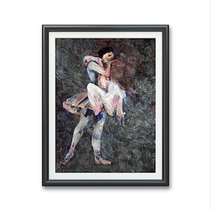 May include: A framed painting of a ballerina in a white tutu and blue shoes, with a dark background featuring swirling patterns.
