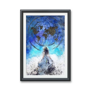 May include: A watercolor painting of a person in a blue dress standing in front of a blue and gold globe. The globe is surrounded by a white cloud-like background.