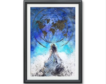 Wereldreiziger-Art PRINT, originele aquarel illustratie artwork aardrijkskundekaart, vliegen, bladgoud, galaxy muur kunst onafhankelijke moed