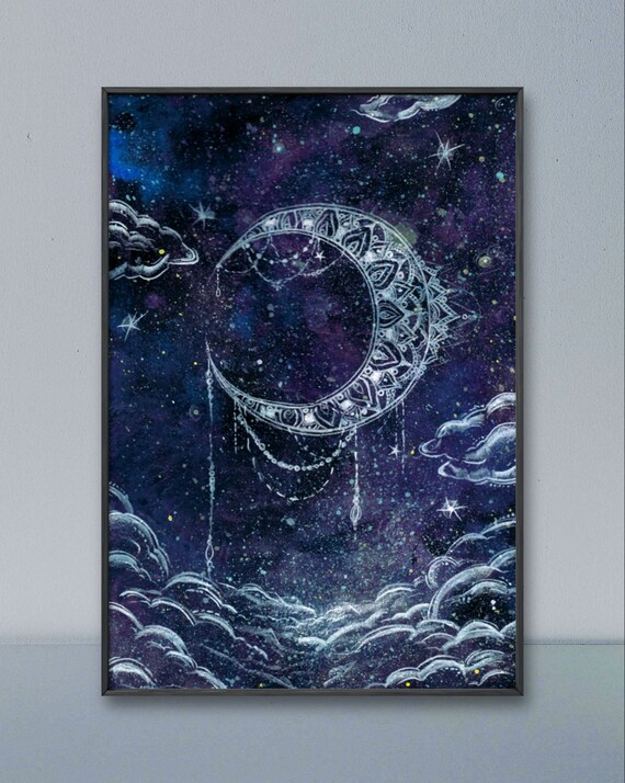 Dream Weaver- Art Print, Watercolor, Crescent Moon Henna Bohemian
