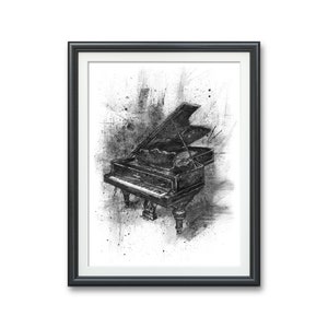 Haunted Melody- Art Print, Original Watercolor Illustration Artwork, grand piano, music musician pianist black and white realist dark art