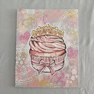 Sugary Nobility, pink cupcake- Art ORIGINAL acrylic painting, artwork bakery, kitchen, southern comfort, diner, home sugar SWEET nursery