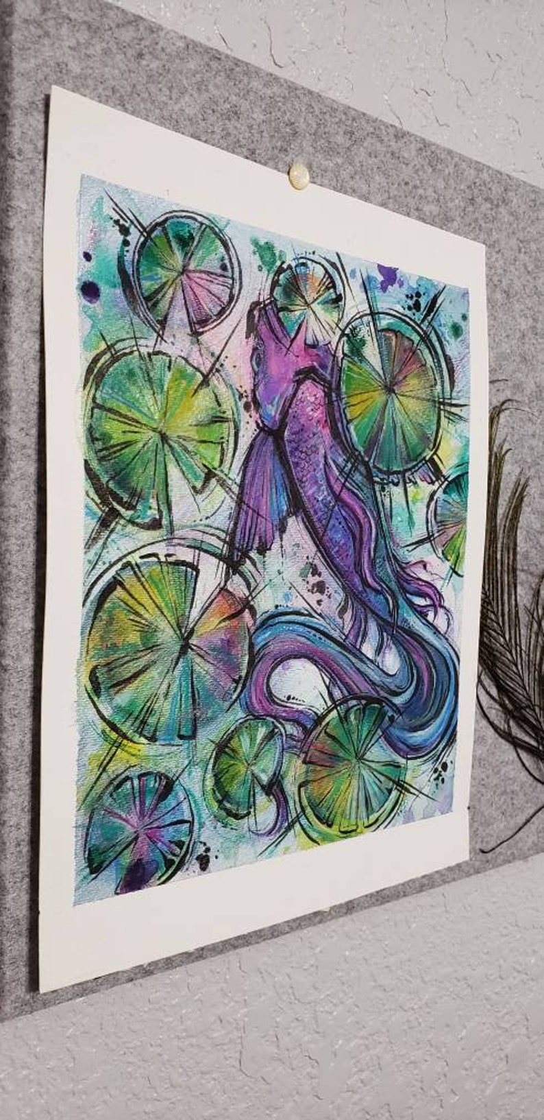 Rainbow Koi Fish Original Watercolor Illustration water lily pond lily pad beta goldfish tranquil water bright bathroom wall decor fountain