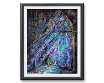 Sanctuary- Stained glass Art Print, watercolor mixed media old world cathedral Christianity Church Iridescent rainbow colorful Gothic decor