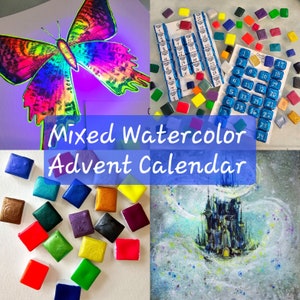 Calendario de Adviento 6/12/24 Tarjeta Cambio de color Brillo Mica Hecho a mano Acuarela Acuarela Vibrante Medio brillo Cuarto de pastilla Arcoíris Sorpresa