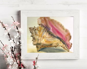 Queen Conch Shell Art PRINT, Original oil painting, Seashell coastal living Beach Ocean Nautical beach bathroom décor Lobatus gigas peaceful