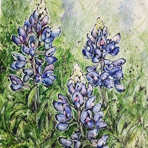 Texas Bluebonnet painting- Original art watercolor wall decor artwork, State flower, blue bonnet, wild flowers field landscape botanical