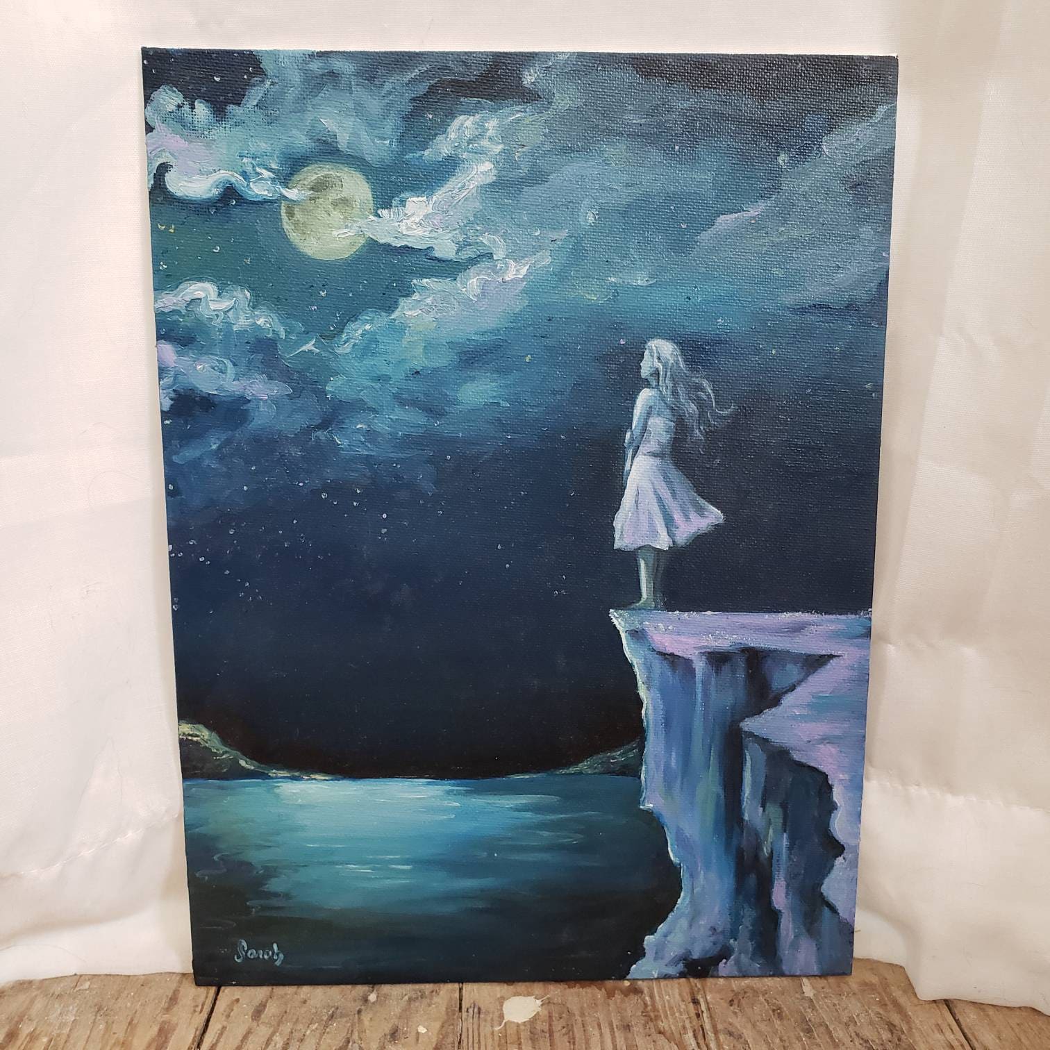 星空観察 - キャンバスに油絵を描いたアートプリント 崖、夜空、銀河