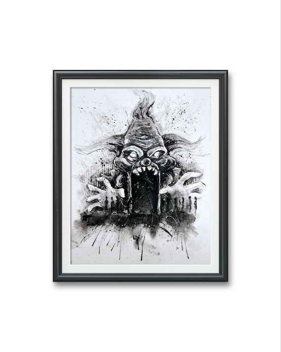 お化け屋敷の邪悪なピエロ - オリジナルアートプリント、水彩イラスト