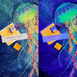 Clementine Orange- Neon Fluorescente Vibrante Artesanal Aquarela Aquarela Ultravioleta UV reativa Brilhante Metade brilhante, Panela de um quarto