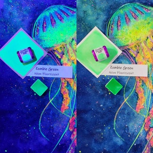 Zumbi verde-pastel neon fluorescente artesanal aquarela aquarela ultravioleta reativa uv vibrante metade, quarto, pan art