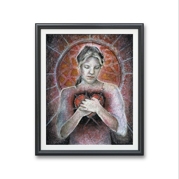 Guarded Heart- Original art PRINT, watercolor illustration Bleeding Heartbreak Divorce Art therapy Protection loss love gothic artwork dark