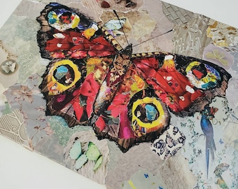 Peacock Butterfly Art-Original Animal wall art home decor wildlife floral collage illustration moth lover mixed media eye spy image hidden