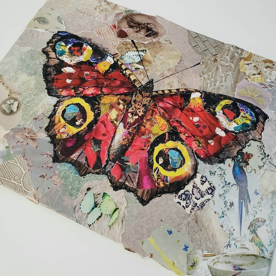 Peacock Butterfly Art-Original Animal wall art home decor wildlife floral collage illustration moth lover mixed media eye spy image hidden