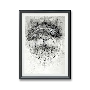 Tree of life- Fourth house Art Print Original  Illustration roots family tree   splatter art wiccan dark fantasy black and white